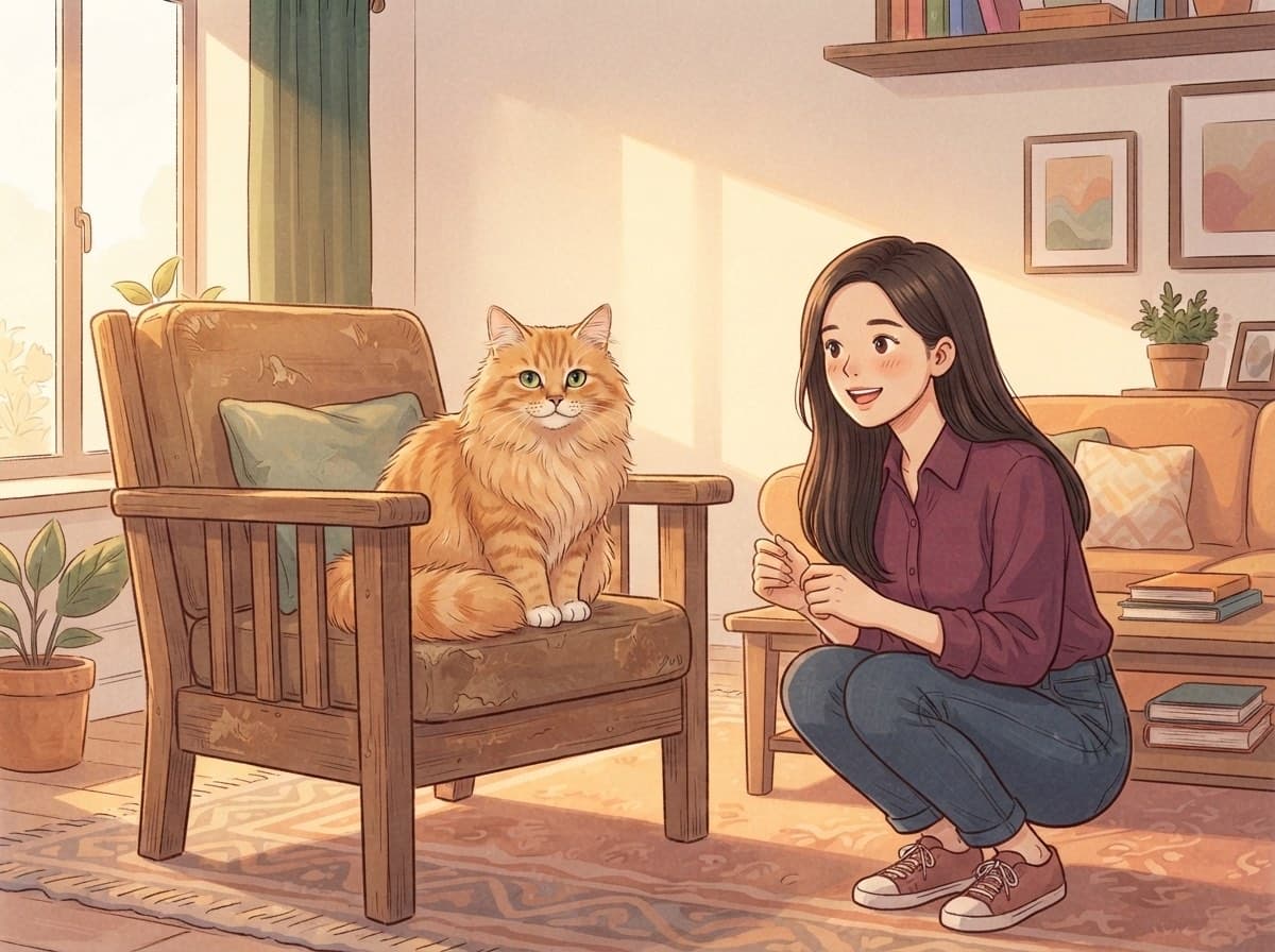 A girl sitting with her cat, from the story My Friend's Cat